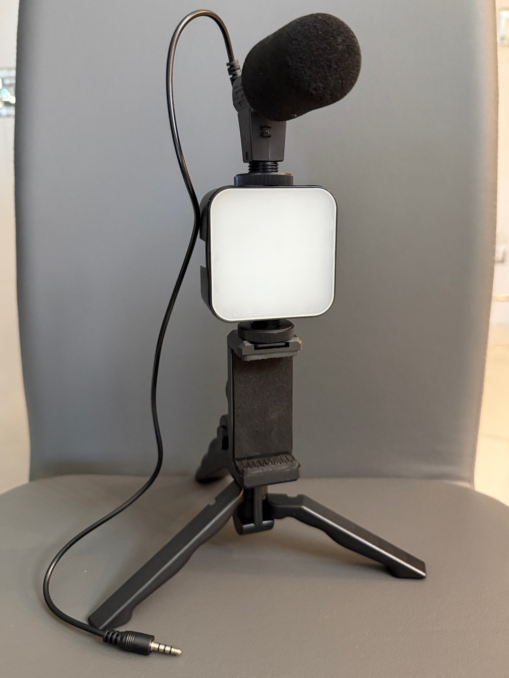 Portable Black Lavalier Microphone Kit with LED Fill Light and Mini Tripod